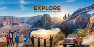 Iconic US national parks collage with diverse adventurers, highlighting the spirit of exploration and savings with park passes.