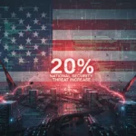 Stylized US flag with digital lines and red glow, symbolizing a 20% increase in national security cyber threats.