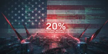 Stylized US flag with digital lines and red glow, symbolizing a 20% increase in national security cyber threats.