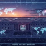 Pentagon at dusk with digital overlays representing national security data and global strategy.