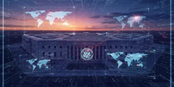 Pentagon at dusk with digital overlays representing national security data and global strategy.
