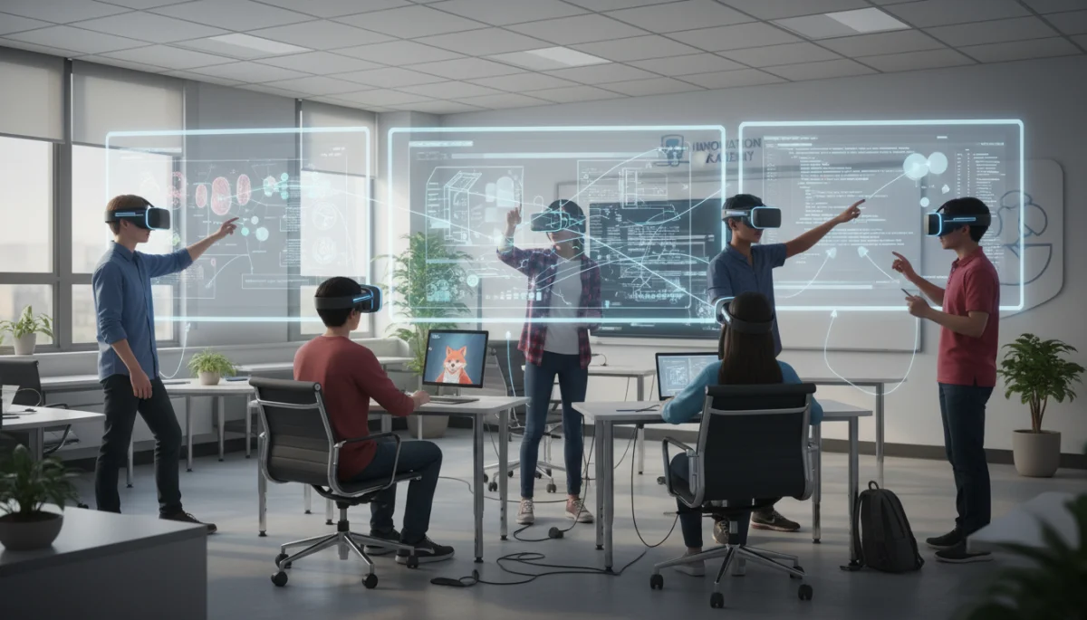 Students collaborating with VR and interactive whiteboards, demonstrating personalized learning and tech integration in an American school.