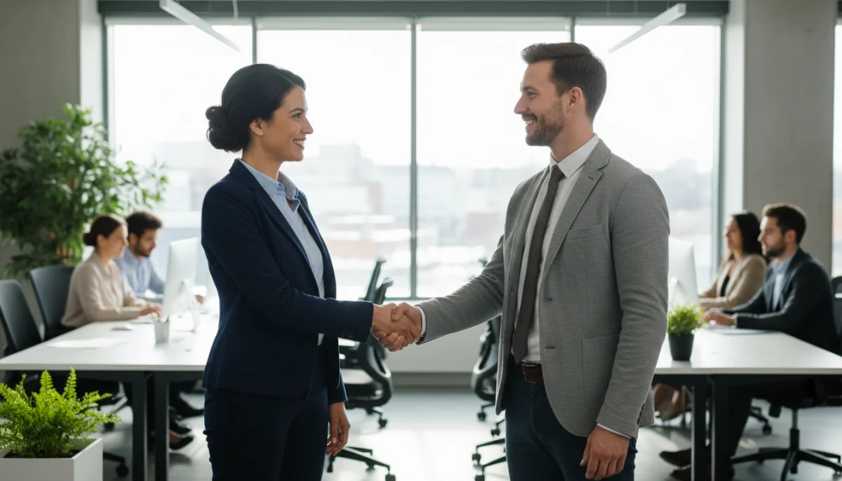Professional handshake in an office, symbolizing networking success