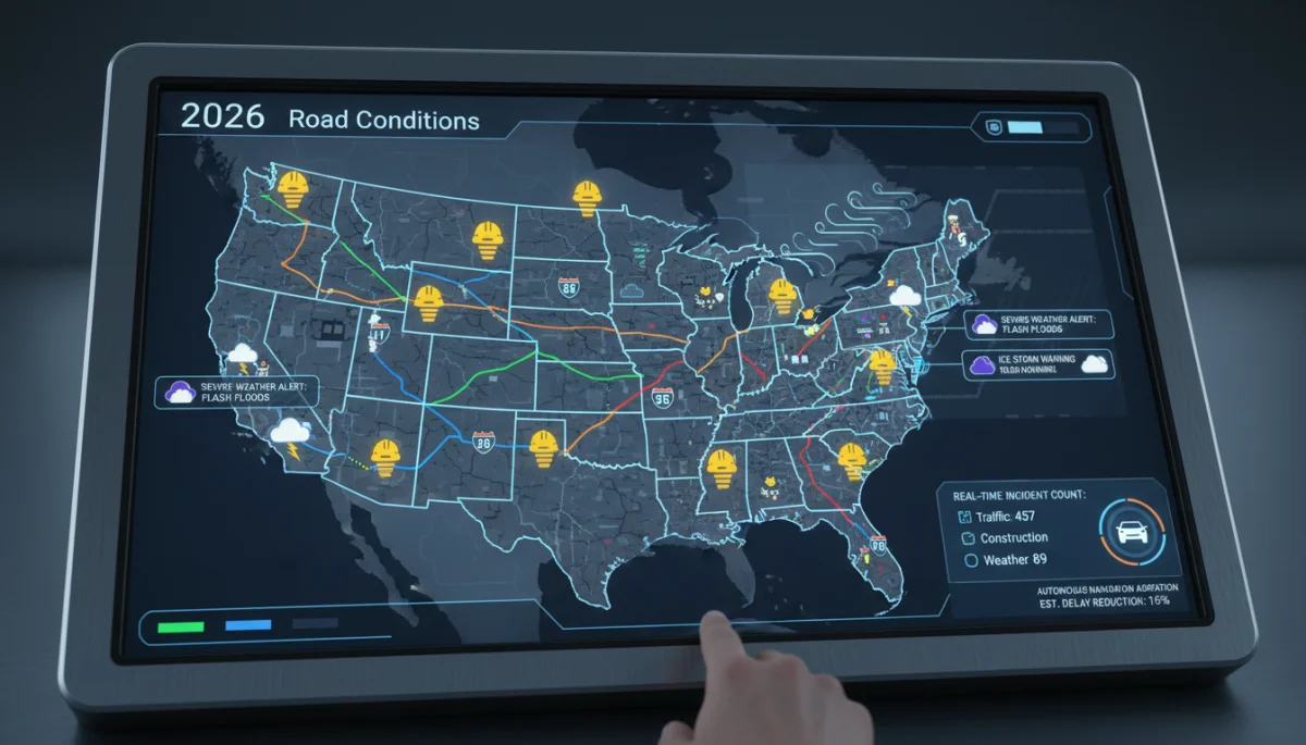 Real-time digital map showing USA road conditions and traffic data