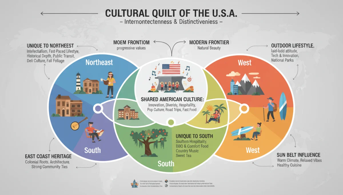Infographic showing overlapping and distinct American regional cultural traits