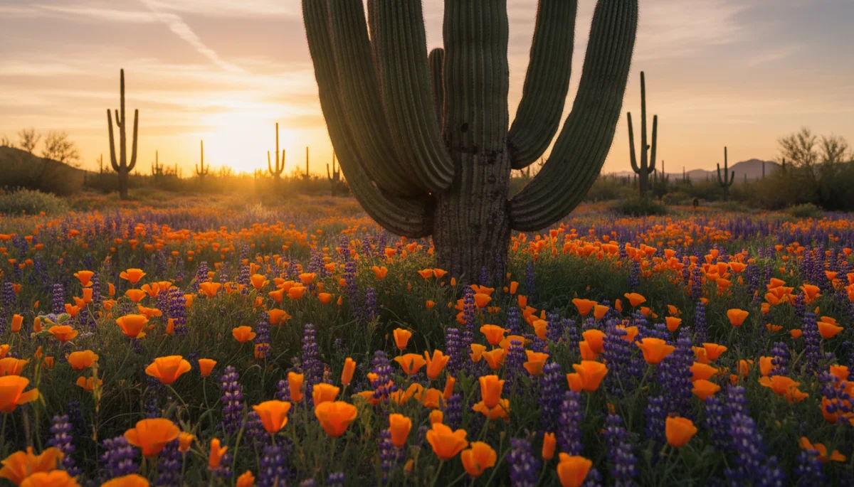 Desert wildflowers blooming in Saguaro National Park at sunset