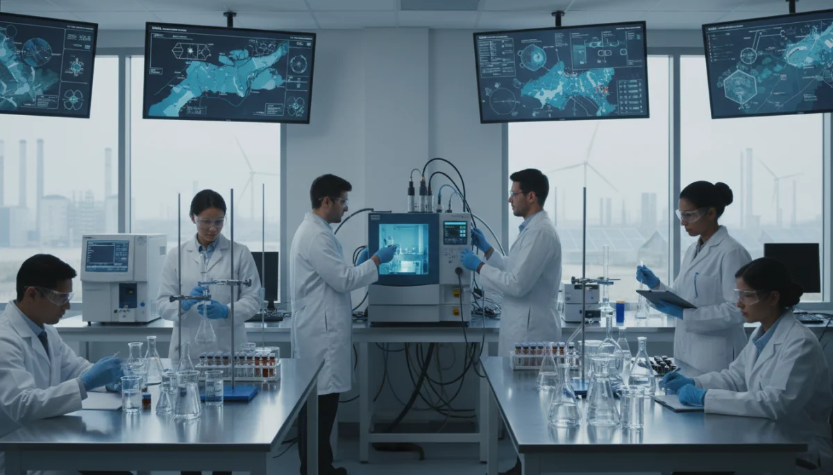 Scientists analyzing water samples in a lab for environmental compliance