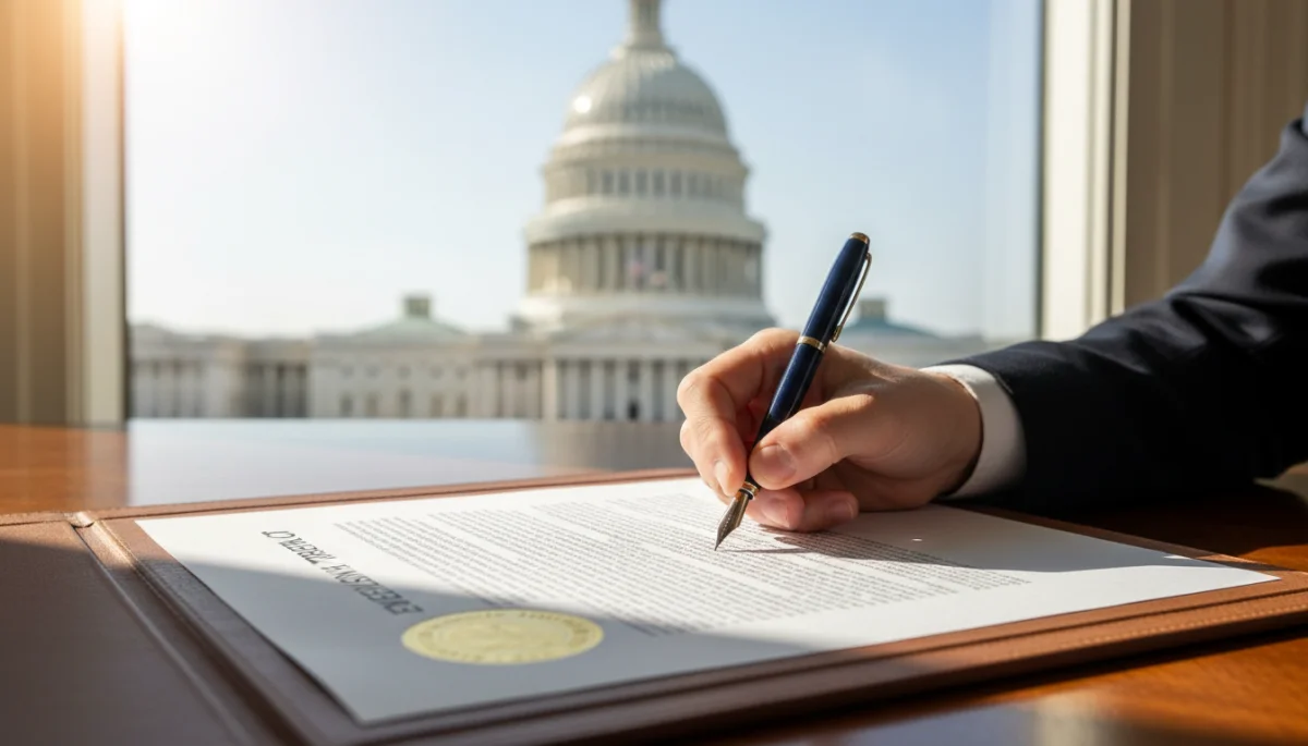A hand signing a key legislative document related to energy policy, symbolizing new US policy shifts.