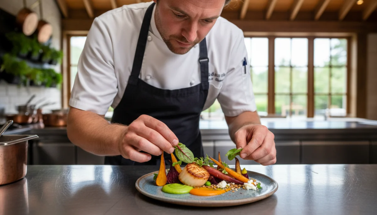 Chef plating a gourmet dish with locally sourced, seasonal ingredients in a modern kitchen setting.
