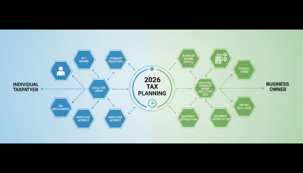 Infographic illustrating individual and business tax planning for 2026