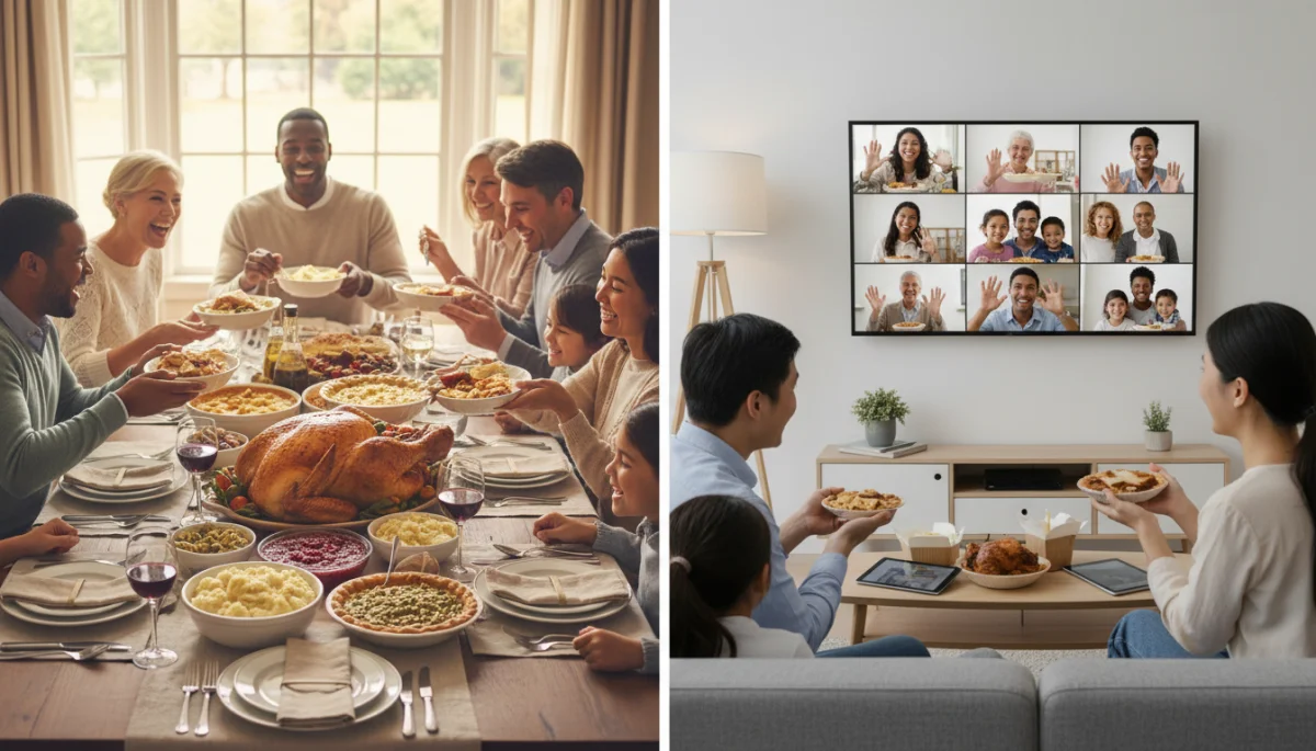 Traditional and remote Thanksgiving celebrations, highlighting evolving family dynamics.