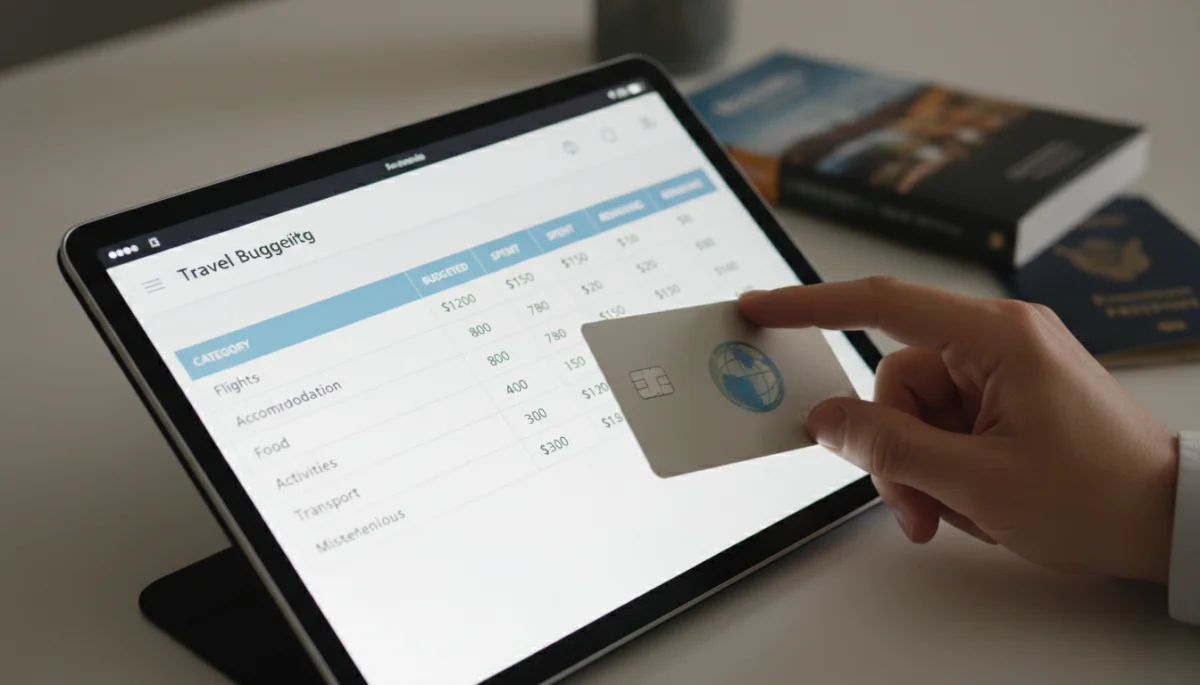 Digital budgeting app showing travel expenses with a hand holding a credit card