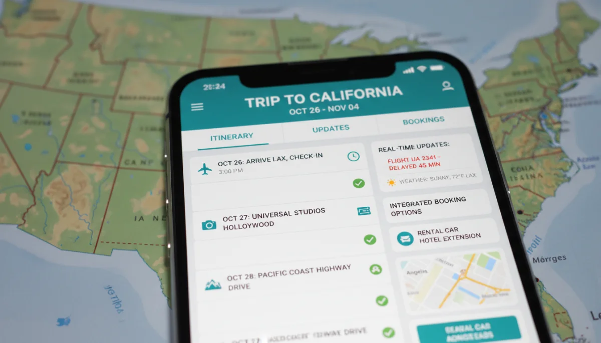 Smartphone displaying a comprehensive travel planning app itinerary
