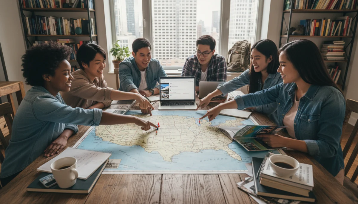 Group planning a US road trip with maps and laptops.