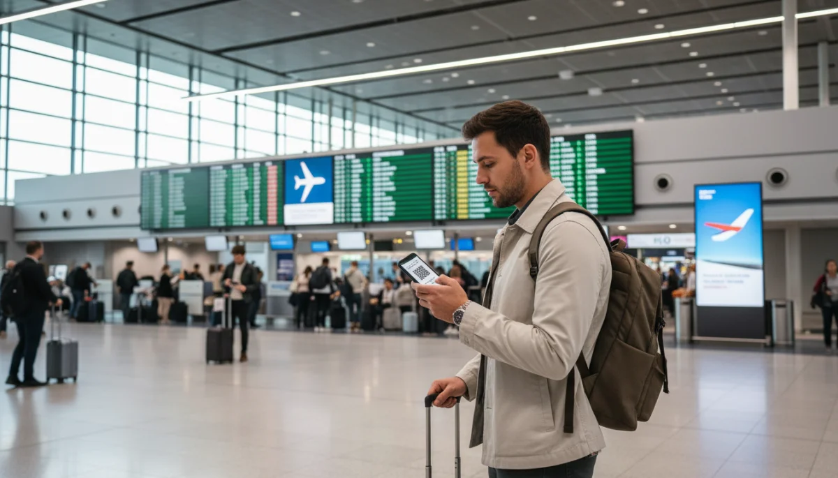 Traveler checking digital boarding pass at airport terminal, preparing for trip.