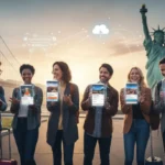 Travelers using smartphones with travel apps in front of US landmarks