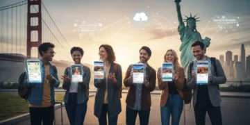 Travelers using smartphones with travel apps in front of US landmarks
