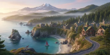 Panoramic view of an untouched natural landscape in the US, featuring a clear lake and distant mountains under a soft sky, symbolizing hidden beauty.