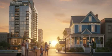 Skyline of a vibrant US city at sunset, contrasting a contemporary hotel with a cozy vacation rental, symbolizing 2026 accommodation choices.