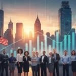Diverse Americans look optimistically at a vibrant city skyline, representing strong consumer confidence in the 2026 US economy.