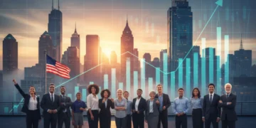 Diverse Americans look optimistically at a vibrant city skyline, representing strong consumer confidence in the 2026 US economy.