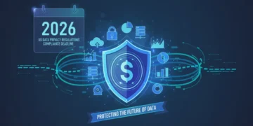 Digital shield protecting data icons with 2026 calendar, symbolizing US data privacy regulations and compliance.