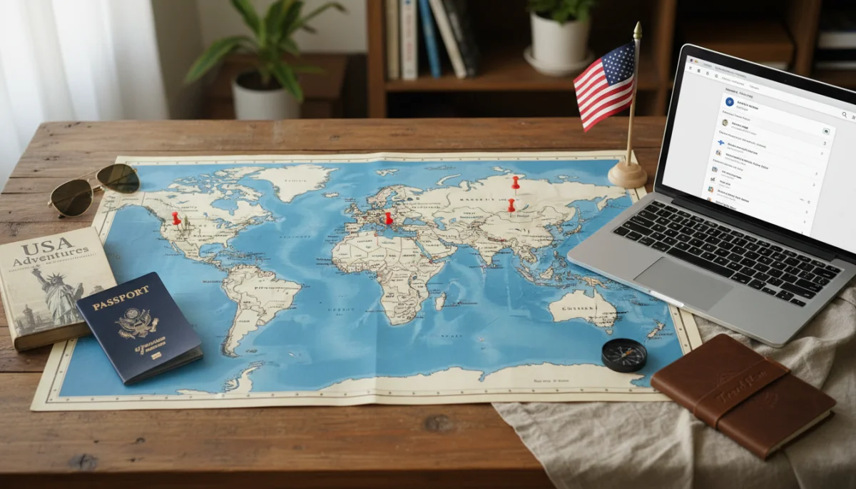 World map with US destinations and travel planning tools