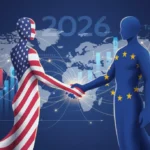 US and EU representatives shaking hands over a trade agreement document, symbolizing new tariffs.
