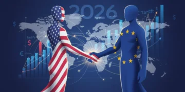 US and EU representatives shaking hands over a trade agreement document, symbolizing new tariffs.