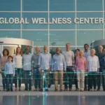 Diverse individuals facing a modern hospital, symbolizing upcoming healthcare reform