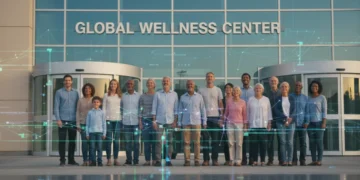 Diverse individuals facing a modern hospital, symbolizing upcoming healthcare reform