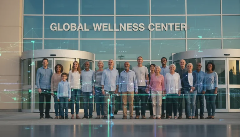 Diverse individuals facing a modern hospital, symbolizing upcoming healthcare reform