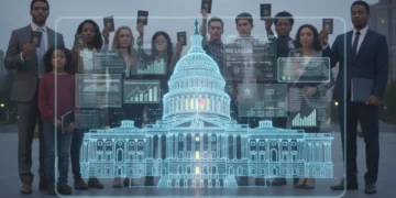 Diverse individuals facing US Capitol, symbolizing new immigration policies