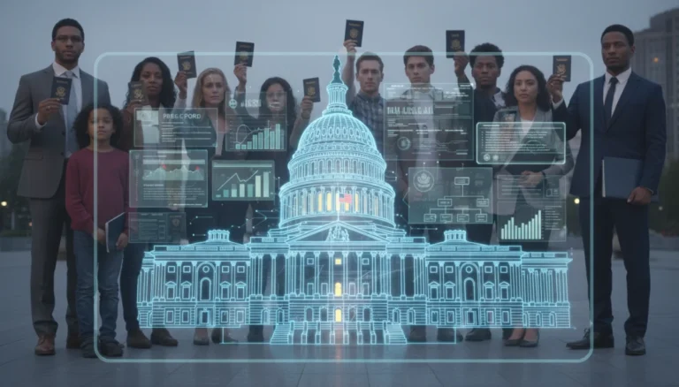 Diverse individuals facing US Capitol, symbolizing new immigration policies