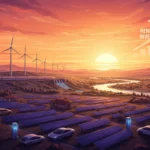 Illustration of US renewable energy landscape with solar, wind, and electric vehicles, symbolizing investment growth.