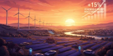 Illustration of US renewable energy landscape with solar, wind, and electric vehicles, symbolizing investment growth.