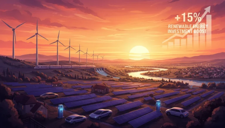 Illustration of US renewable energy landscape with solar, wind, and electric vehicles, symbolizing investment growth.