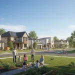Modern suburban neighborhood in the US, depicting housing stability