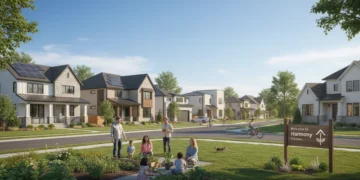Modern suburban neighborhood in the US, depicting housing stability