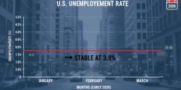 Graph illustrating stable 3.9% US unemployment rate in early 2026