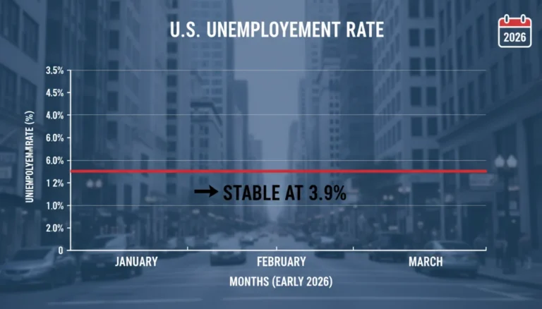 Graph illustrating stable 3.9% US unemployment rate in early 2026