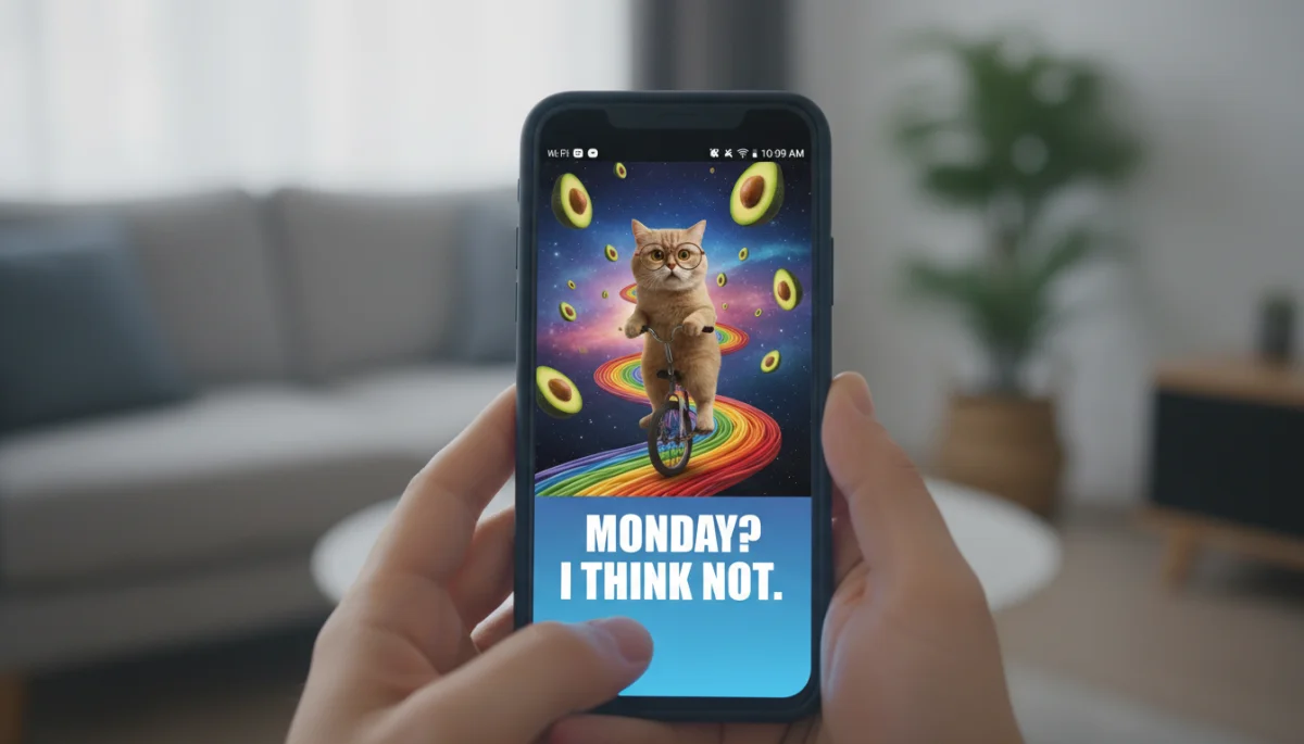 Smartphone displaying a viral meme, illustrating modern digital humor trends.
