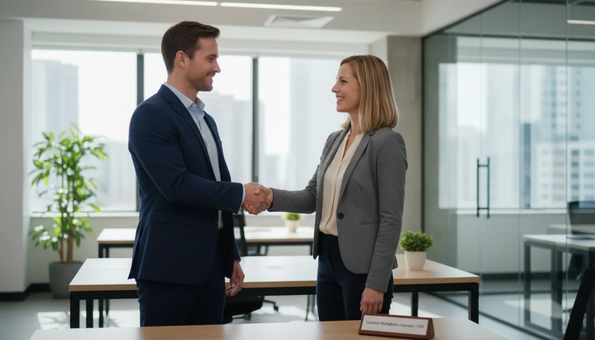 Professionals engaging in polite workplace interaction