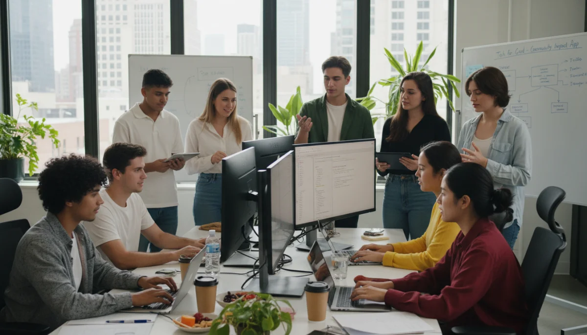 Young American volunteers coding for a tech-for-good project.