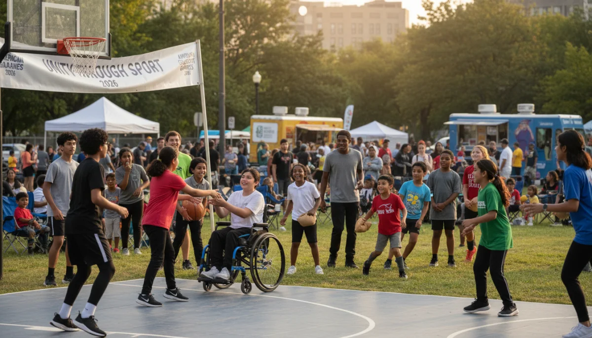 Diverse youth playing sports in a community setting, symbolizing grassroots engagement