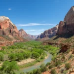 Panoramic view of Zion National Park in spring with green trees and red cliffs