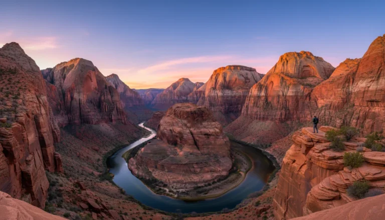 Panoramic view of Zion National Park at sunset with towering cliffs and a hiker