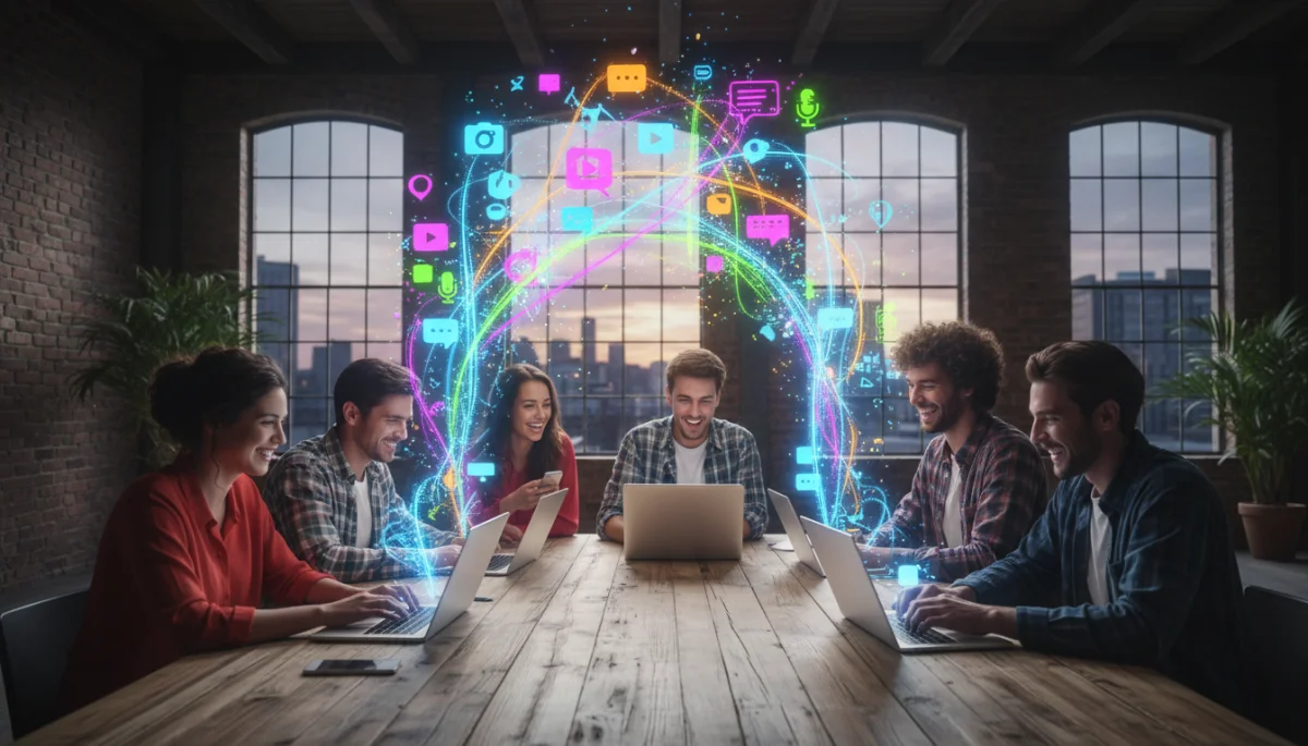 Diverse young adults collaboratively creating digital content