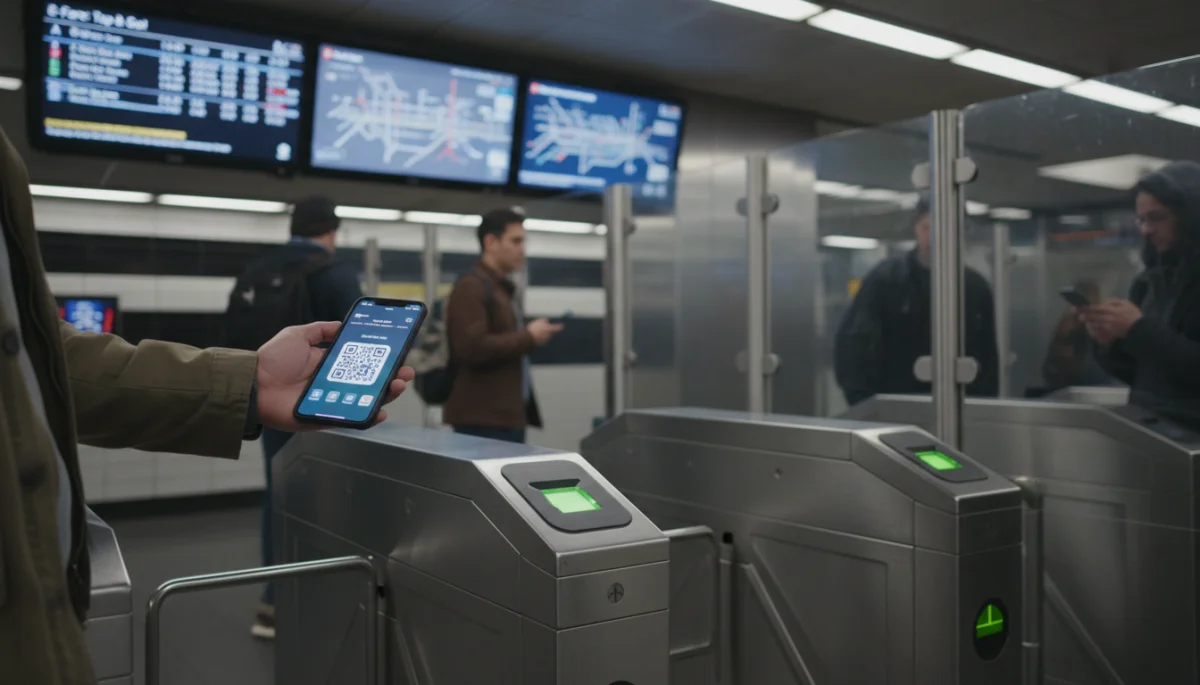 Digital payment for public transportation in a US subway station.