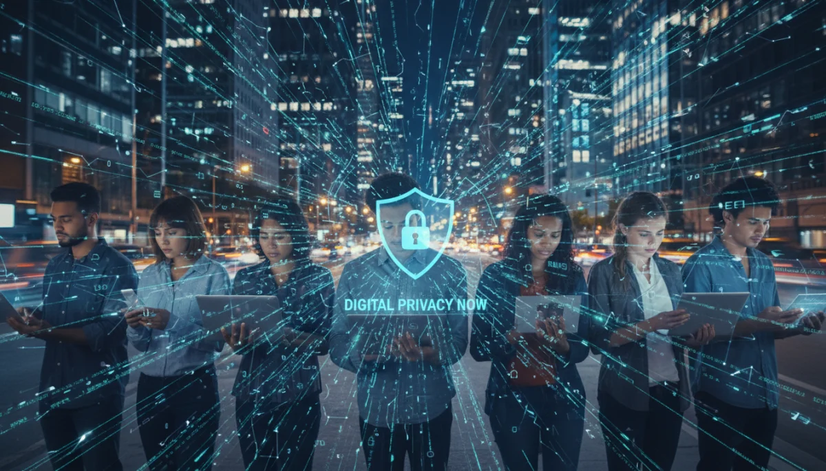 People interacting with digital devices, data streams illustrating privacy concerns